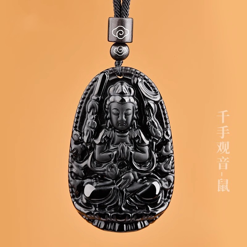 天然黑曜石十二生肖本命佛吊坠八大守护神项链男女款挂件民族风