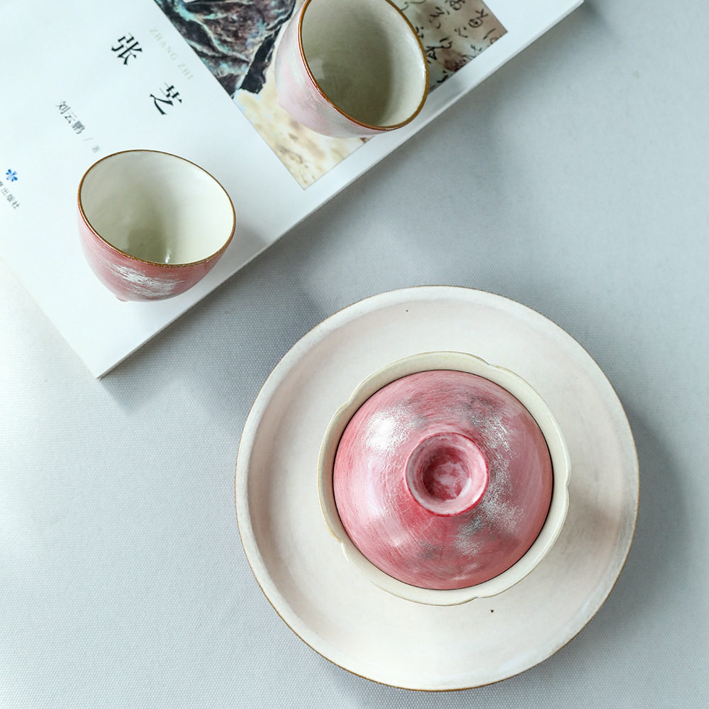 景德镇柴烧盖碗鎏银泡茶碗手工樱花粉色功夫茶具陶瓷套装一碗两杯