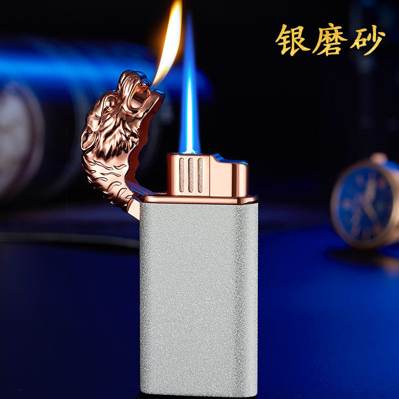 创意金属虎头防风打火机充气个性虎头直冲夜光蓝焰打火机