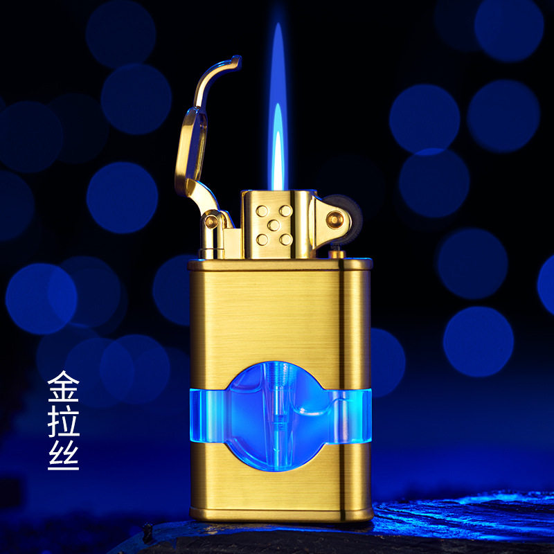 复古发光透明气仓砂轮直冲打火机创意蓝火焰广告礼品跨境抖音