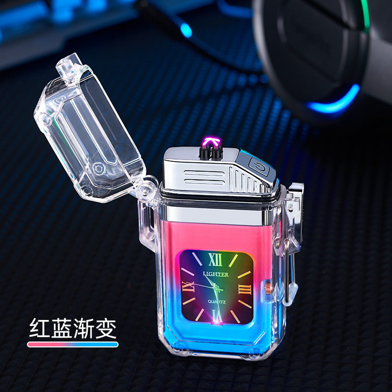 新款创意潮流防风双电弧充电点烟器透明防水手表礼品打火机HF2301