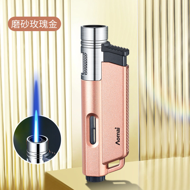奥麦7208直冲打火机透明气仓挂扣调气蓝色硬火便携雪茄火机