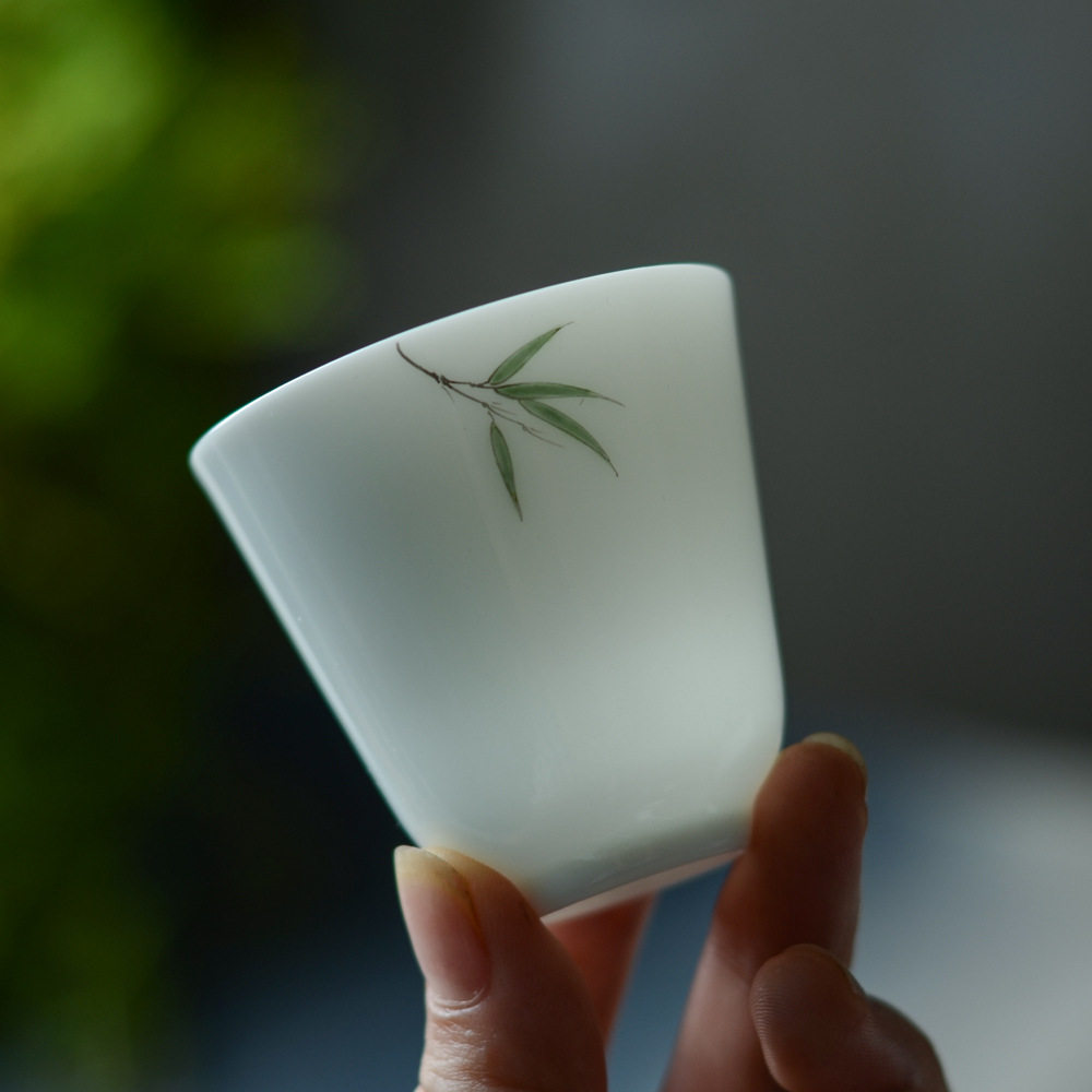 景德镇甜白玉瓷茶具套装功夫茶具手绘竹韵三才盖碗套组浅浮雕彩绘