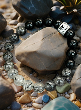 原创天然黑发晶黑曜石手链酷酷的黑白灰弹性手串可水洗不掉色礼物