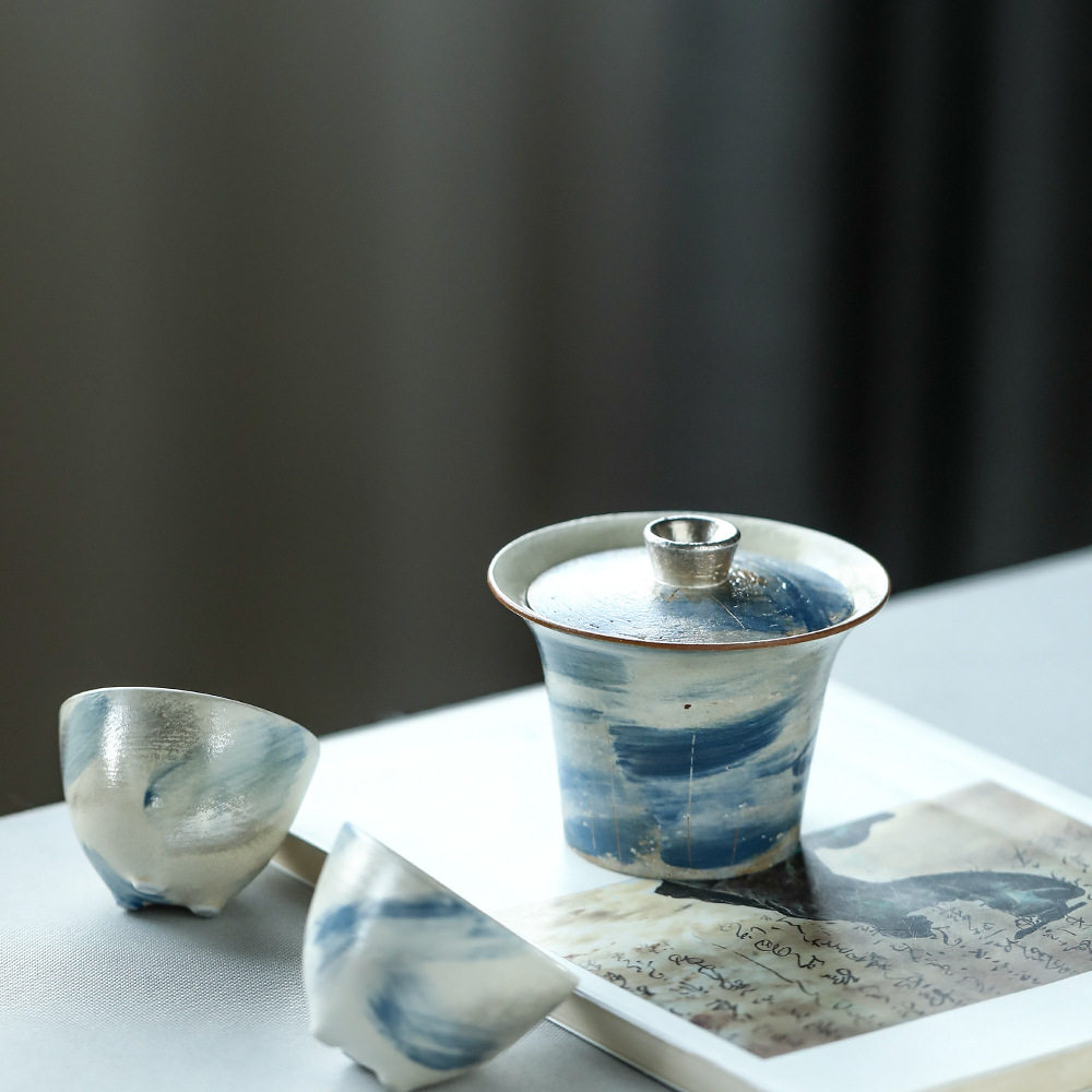 鎏银手工化妆土粗陶复古马蹄盖碗景德镇陶瓷功夫茶具日式海蓝套装
