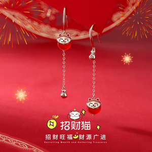 红色招财猫纯银耳环女不对称耳坠小众设计感高级耳饰2023新款爆款