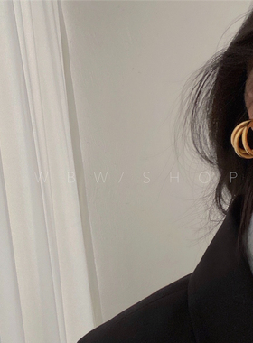 WBW欧美个性百搭三环耳钉简约几何线条弧度ins简约金属冷淡风耳坠