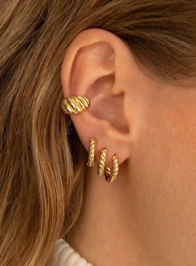 WBW 欧美小众设计麻花耳夹无耳洞18k镀金小耳圈hoop耳环个性潮女