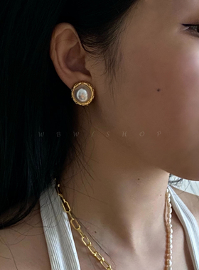 WBW 复古法式珍珠金边优雅镀金耳钉无耳洞耳夹简约气质百搭耳环女