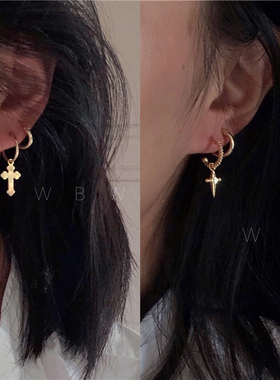 WBW 925纯银镀金韩国十字架简约时尚耳钉气质个性中性耳坠耳圈