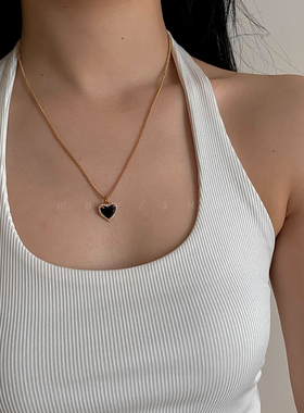 WBW 法式爱心锆石黑玛瑙项链复古ins欧美博主叠戴同款小众吊坠 女