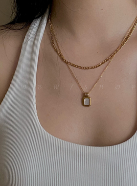 WBW 双层叠戴链条项链女 简约日韩小众设计黑色吊坠18K镀金锁骨链
