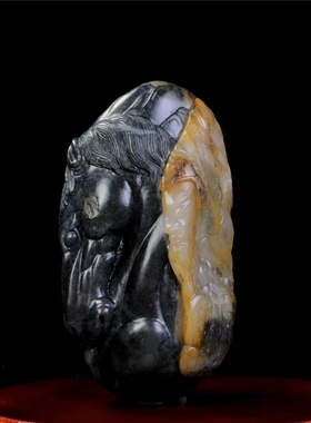 新疆和田玉青花籽料精忠报国手把件天然玉石黑白分明苏工把玩件