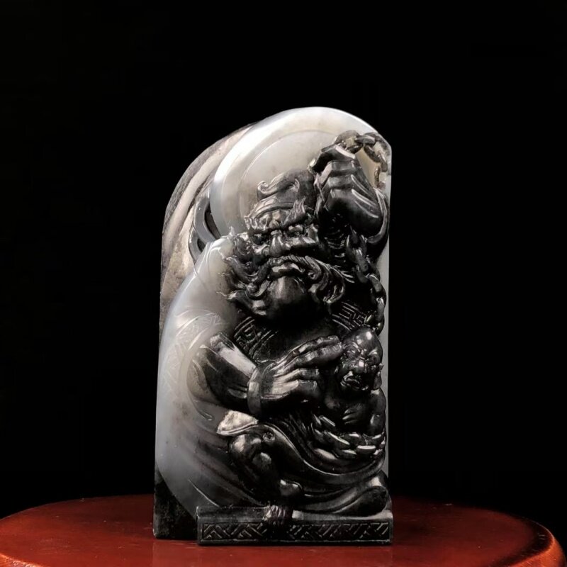 新疆和田玉青花籽料钟馗捉鬼手把件天然玉石黑白分明苏工雕刻把件