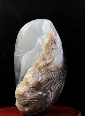 新疆和田玉青花籽料文殊菩萨手把件天然玉石独籽雕刻把玩件