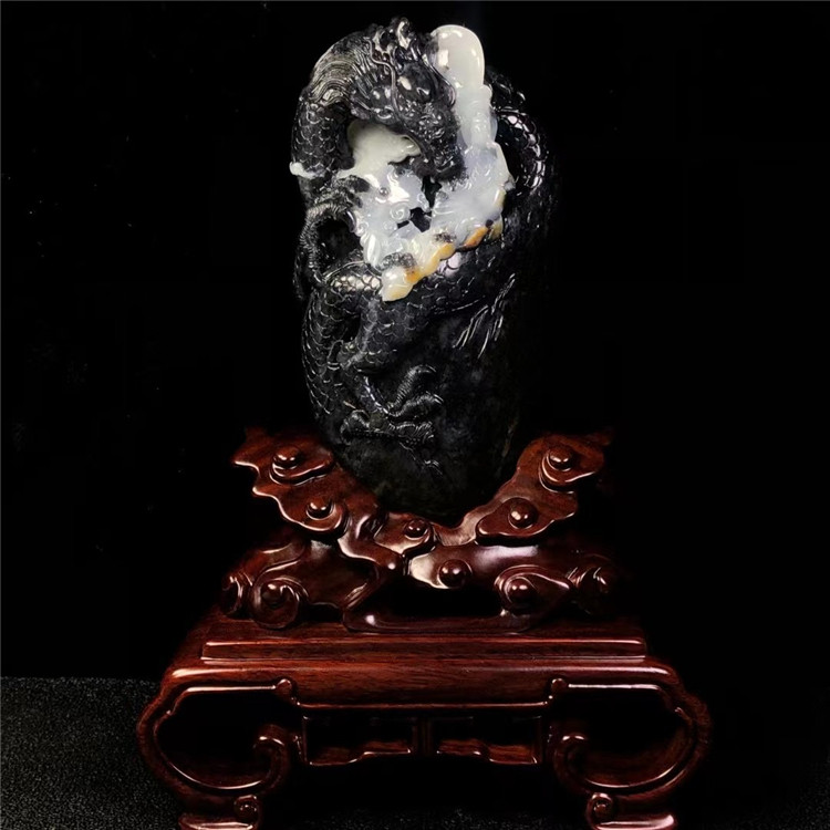 精品新疆和田玉青花籽料御龙观音摆件天然玉石黑白分明苏工雕刻