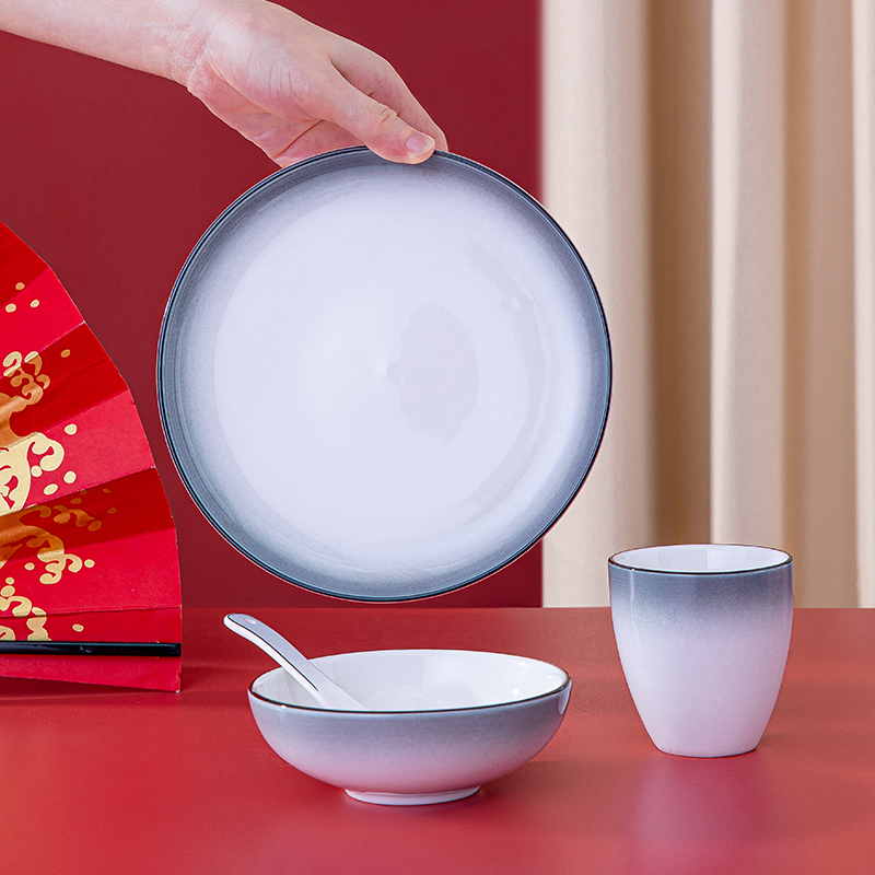 釉下彩灰色中式简约加厚酒店摆台陶瓷餐具饭店碗碟四件套定制logo