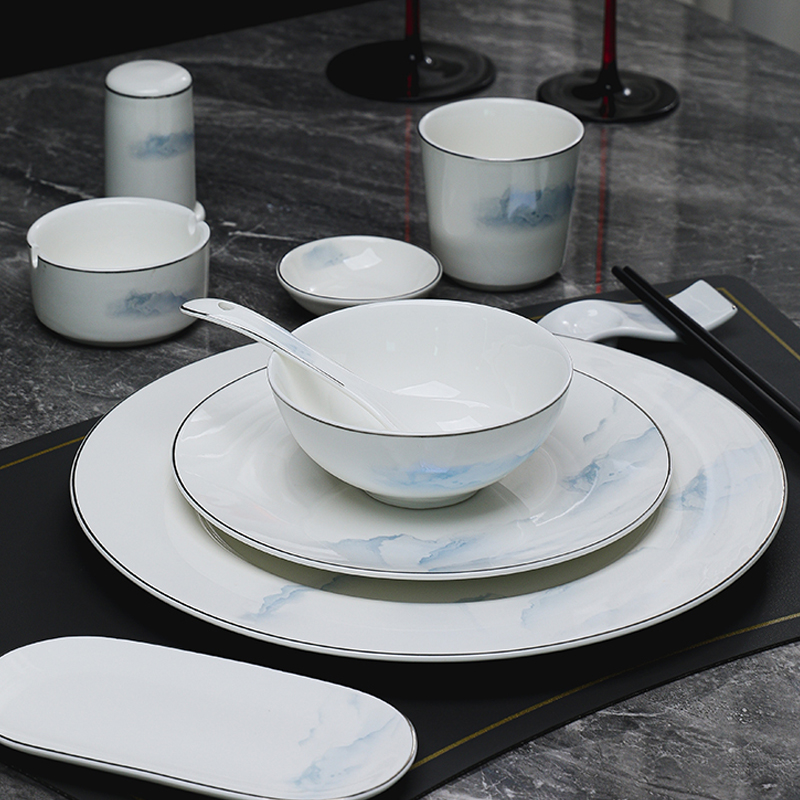 骨瓷中式摆台餐具套装银边