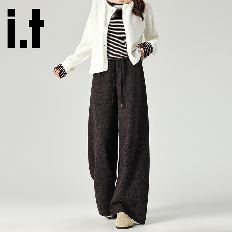 it咖啡色弯刀毛呢阔腿裤女秋冬季