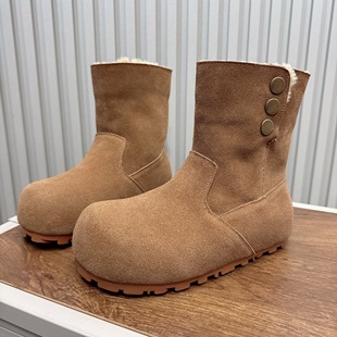 中筒靴纽扣外翻两穿短靴 厚底加绒加厚保暖棉鞋 真皮雪地靴女款 冬季