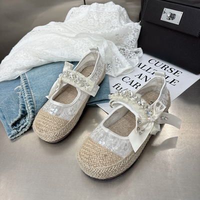 复古草编渔夫鞋女夏季透气蕾丝网面浅口平底鞋单鞋仙女风玛丽珍鞋