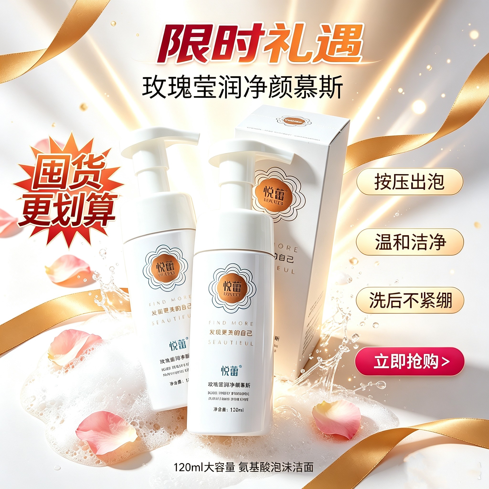 悦蕾玫瑰莹润洁面乳 温和清洁泡沫绵密氨基酸舒缓洁净卸妆洗面奶