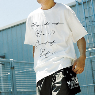 街头嘻哈街舞手写花体字宽松百搭白色短袖 BRAND国潮美式 T恤 THE