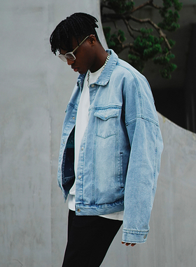 THE V BRAND双面穿腰果花方巾拼接水洗做旧街头Vintage风牛仔夹克