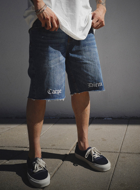 THE V BRAND原创潮牌嘻哈街舞美式街头宽松毛边水洗五分牛仔短裤