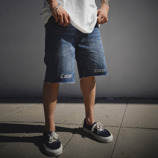 街头宽松毛边水洗五分牛仔短裤 BRAND原创潮牌嘻哈街舞美式 THE