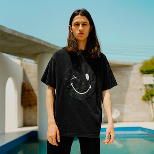 T恤 BRAND嘻哈街头Vintage风复古水洗腰果花笑脸宽松短袖 THE