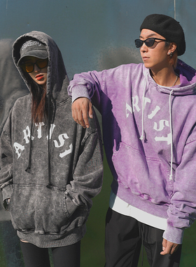 THE V BRAND美式街头原创哥特字体复古水洗裂纹印花宽松套头帽衫