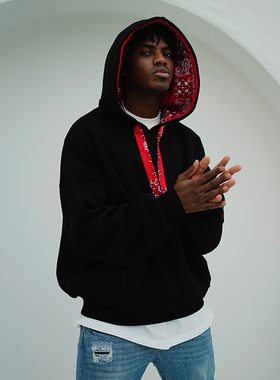 THE V BRAND美式街头嘻哈潮流Oversize腰果花方巾拼接抽绳帽衫