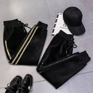 秋冬加绒加厚金丝绒束脚运动裤 女生百搭 两道杠显瘦哈伦休闲裤