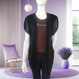 李红国际专柜正品女士黑飘逸洋气百搭针织夏季妈妈外套断码特价