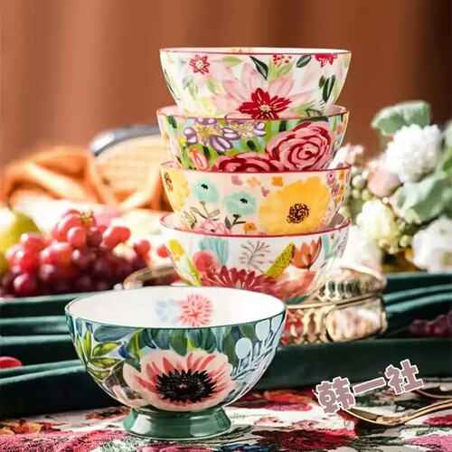 OMK美式彩绘高脚碗高颜值陶瓷甜品米饭碗套装家用一人一色面碗