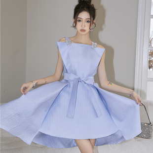 YEESIN姜熠设计师品牌显瘦吊带珠花蓝色连衣裙Y211F173 2022年夏季