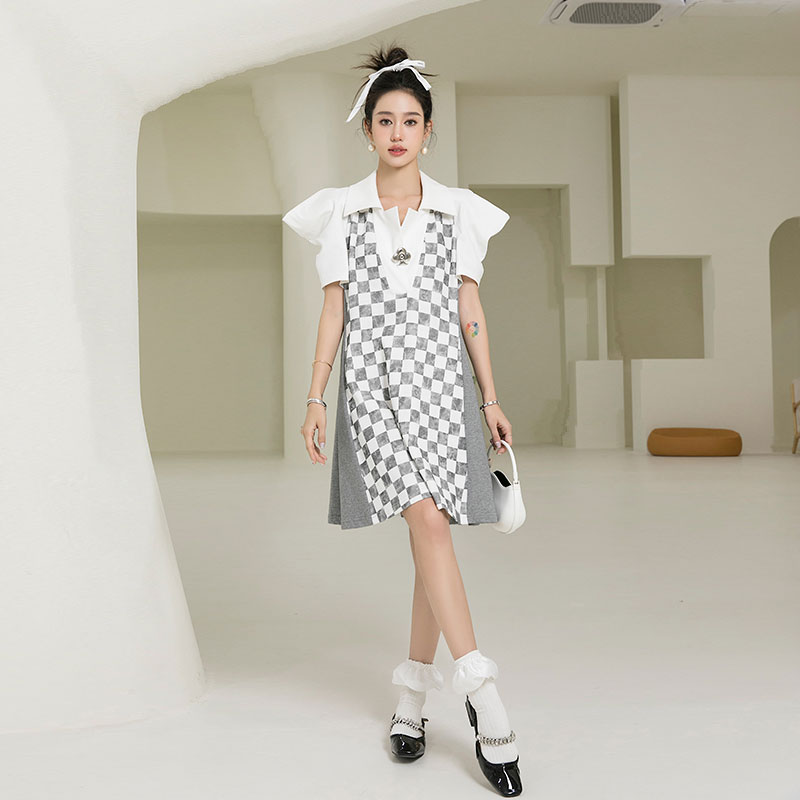 2023夏季新款短袖格子宽松拼接连衣裙女姜熠原创设计甜美减龄显瘦