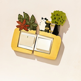 热带雨林猫双开关贴保护套装饰墙贴插座保护套文艺原木风灯开关套