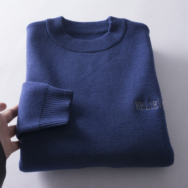 加绒内里 嗨家撤柜男士套头厚款纯色针织衫秋冬打底宝蓝色毛衣男