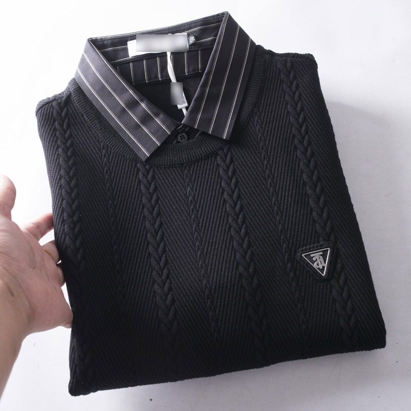 大厂尾货男士假两件针织衫时尚休闲衬衫领打底衫春秋季贴身男上衣