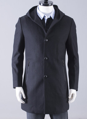 断码清货有170175品牌尾货秋季薄棉连帽毛呢外套青年黑色男装风衣