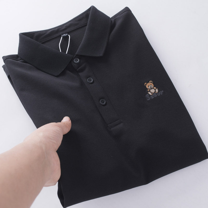 万针刺绣！男士黑色翻领短袖POLO衫夏季薄款修身半袖体恤休闲上衣