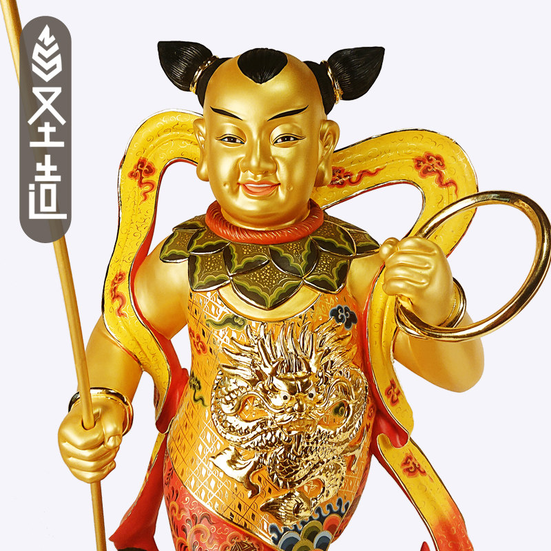 木雕哪吒神像三太子巴摆件家用实木中坛元帅善胜童子圣造