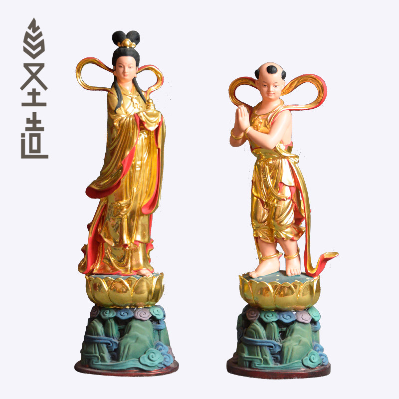 善财童子龙女木雕童男童女木雕金童玉女摆件定制 圣造