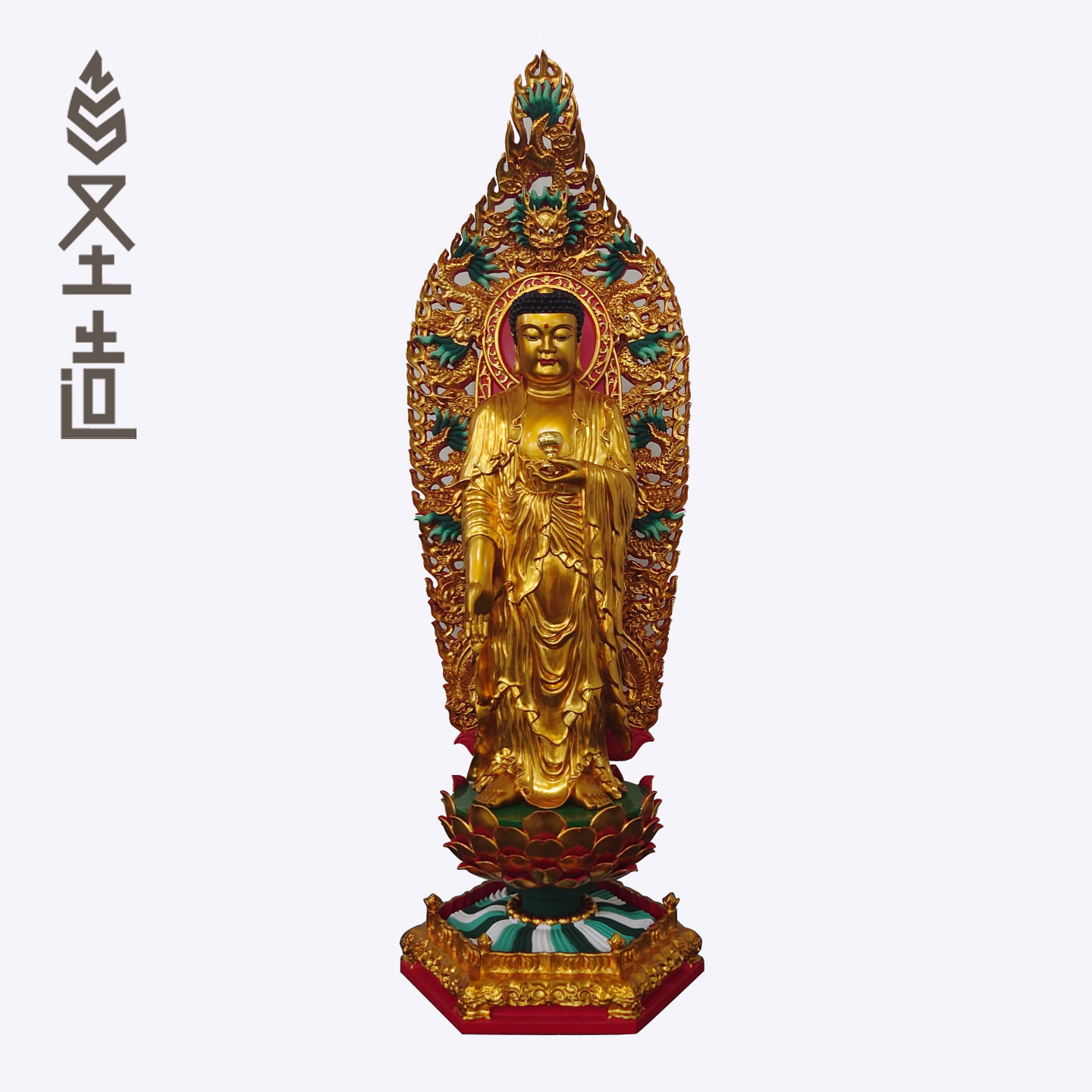 圣造佛像 阿弥陀佛贴金站相大漆佛像摆件木雕佛祖宁波佛陀像定制