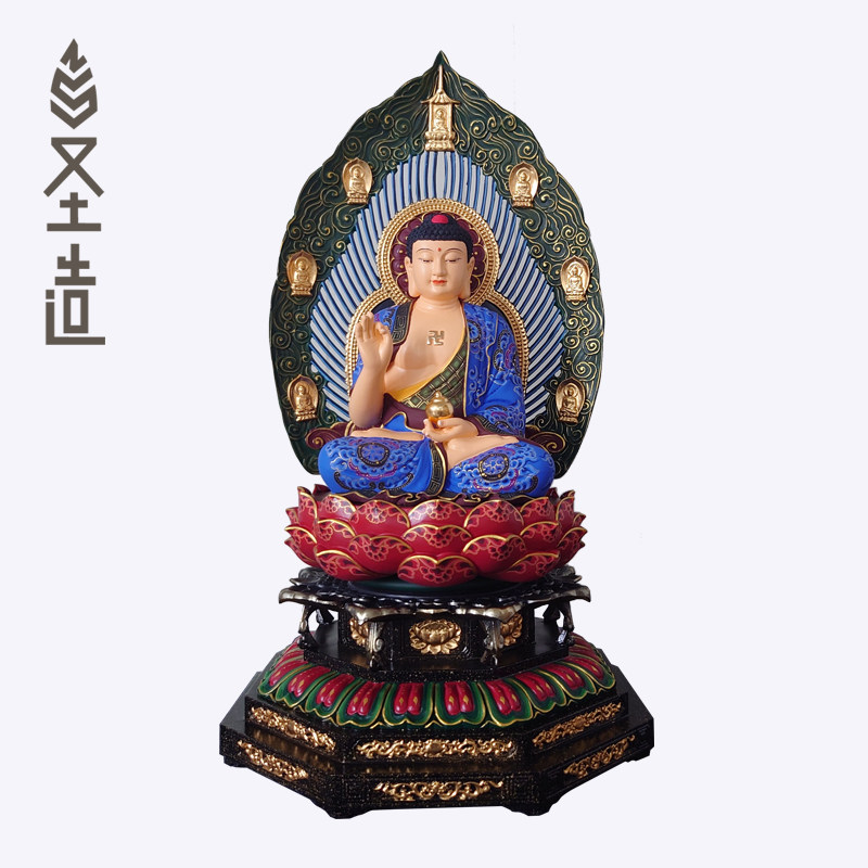木雕药师佛摆件实木雕刻香樟木药师彩绘佛像木质定制厂家 圣造
