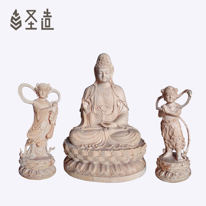 桧木雕刻观音佛像善财龙女木制摆件观世音菩萨定做定制厂家 圣造