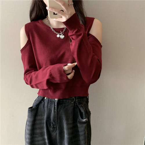 Real shot Autumn new solid color discreet off-shoulder loose long-sleeved T-shirt knitted top