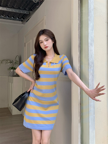 Real price summer French retro Korean loose Stripe Polo neck knitted dress